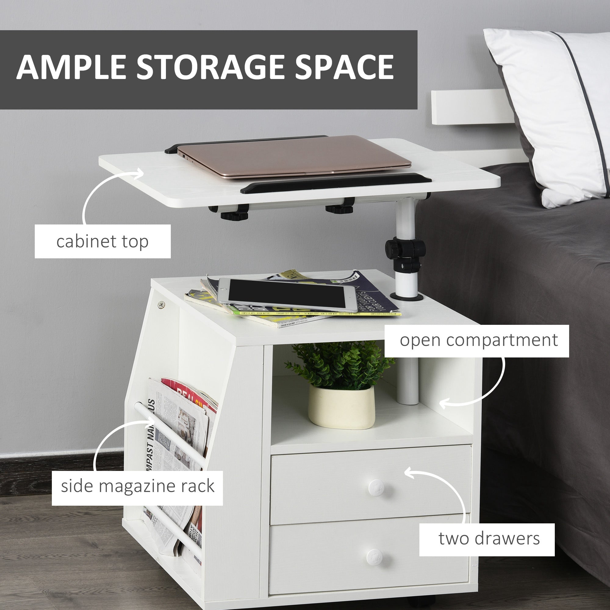 HOMCOM Functional Swivel Bedside Table End Table Side Table for Living Room Nightstand for Bedroom 