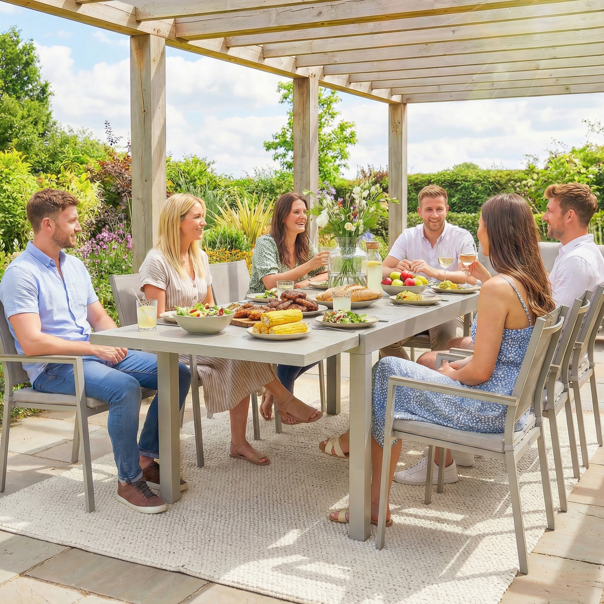 Outsunny Extending Garden Table, Aluminium Outdoor Dining Table for 8-10 with Wood-Like Grained Surface, Light Grey Wood Effect 