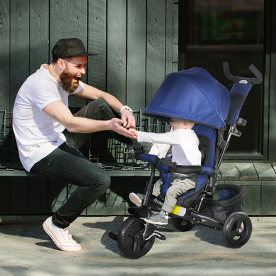 HOMCOM 6 in 1 Kids Trike Push Bike with Push Handle, Canopy, 5-point Safety Belt, Storage, Footrest, Brake, for 1-5 Years, Dark Blue 