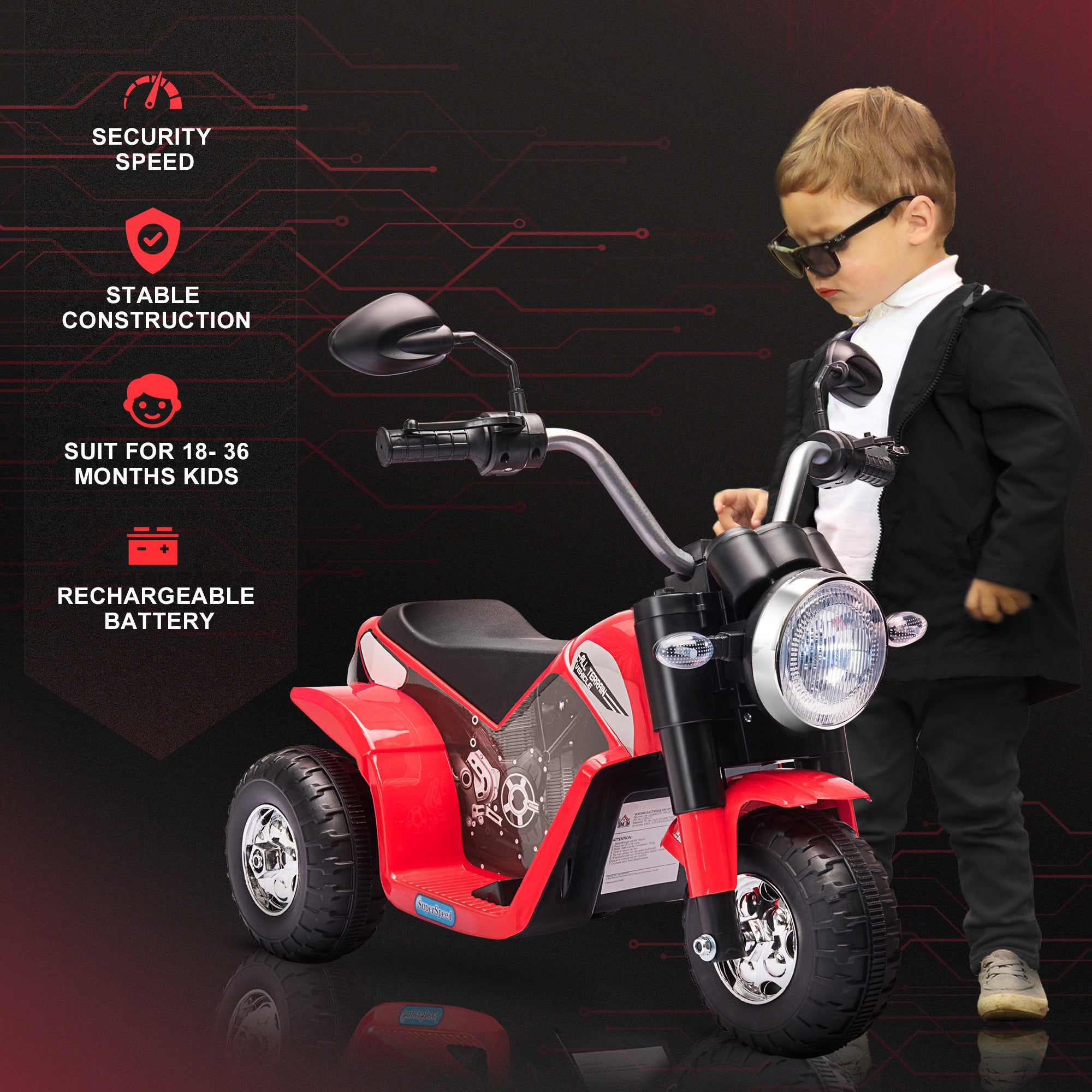 HOMCOM 6V Kids Electric Motorbike 3 Wheels Ride On Toy with Horn Headlights Realistic Sounds for Girl Boy 18 - 36 Months Red 