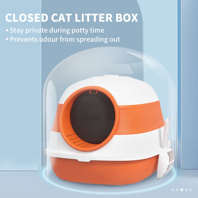 PawHut Foldable Cat Litter Tray with Lid, Deodorant, Scoop, Orange 