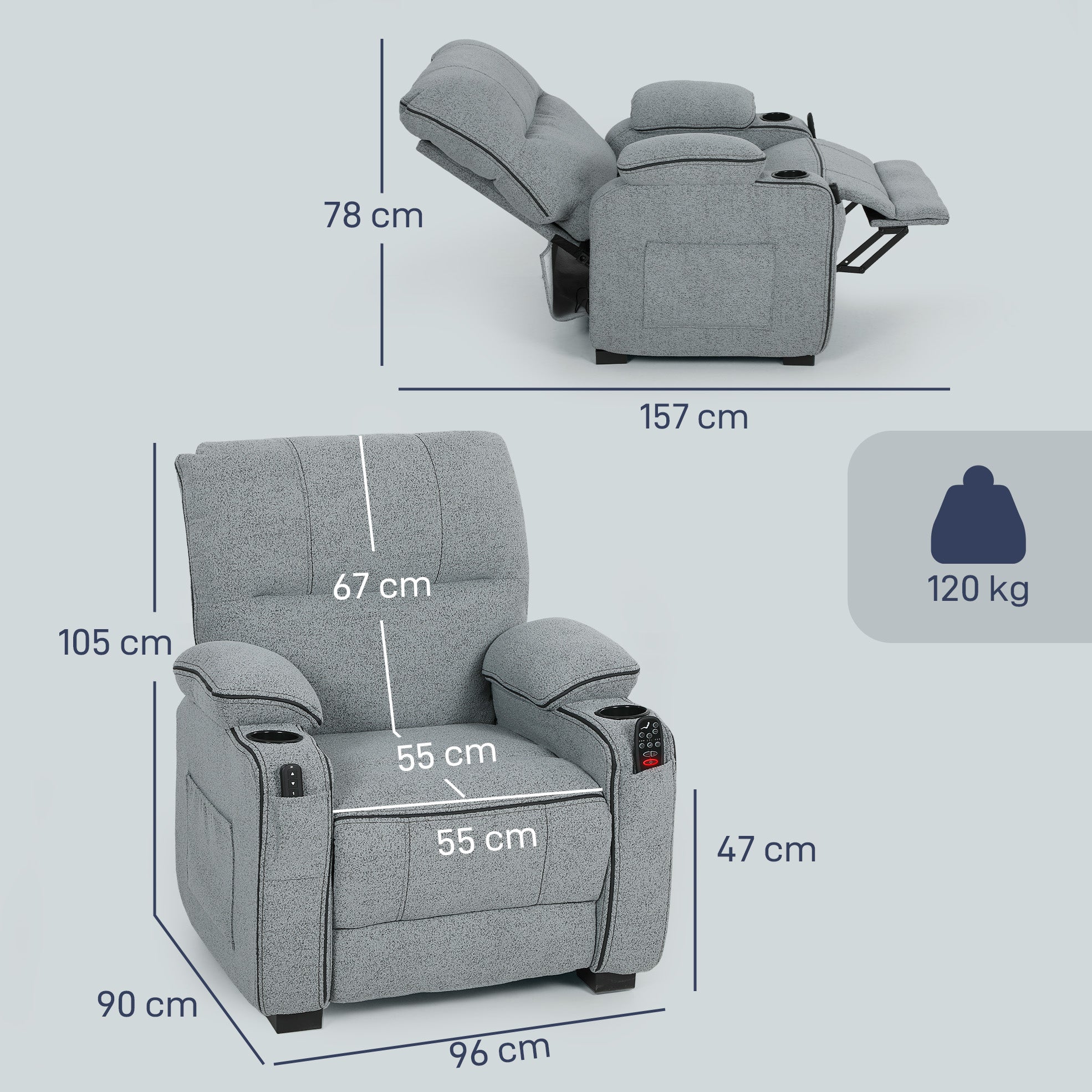 HOMCOM Electric Massage Recliner Armchair with Vibration, Heat, Whisper-Quiet Motor, Memory Function, Velvet Power Reclining Chair with Spring Pack, USB Port, Footrest, Side Pocket, Cup Holders, Grey 