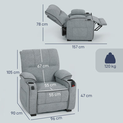 HOMCOM Electric Massage Recliner Armchair with Vibration, Heat, Whisper-Quiet Motor, Memory Function, Velvet Power Reclining Chair with Spring Pack, USB Port, Footrest, Side Pocket, Cup Holders, Grey 