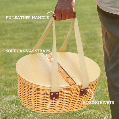 Outsunny Wicker Picnic Basket for 2 with Pine Wood Lid, Picnic Hamper with Cooler Compartment, Cutlery Service Kits, Carry Handle for Camping, Outdoor, Valentine Day, Chirtmas, Birthday, Light Brown 