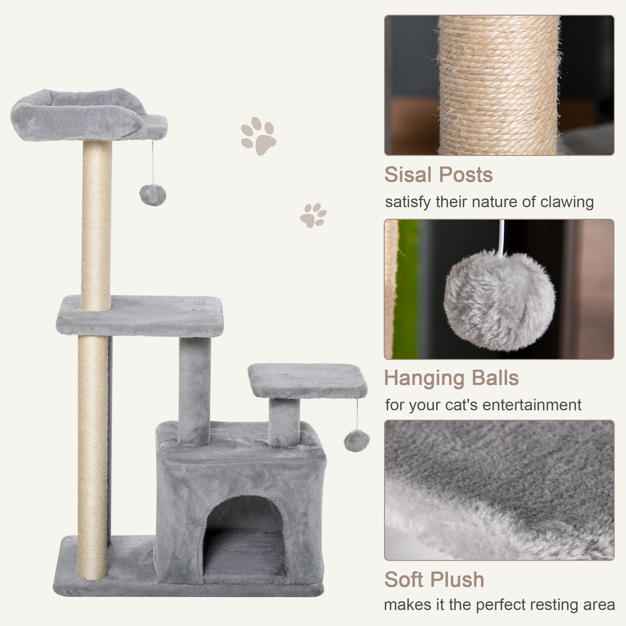 PawHut Cat Tree Tower for Indoor Cats 114cm Climbing Activity Centre Kitten with Sisal Scratching Post Perch Hanging Ball Condo Toy Light Grey 