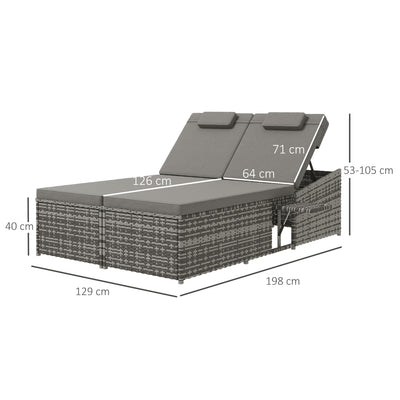 Outsunny 2 Seater Rattan Day Bed w/ Fire Retardant Cushions Grey 