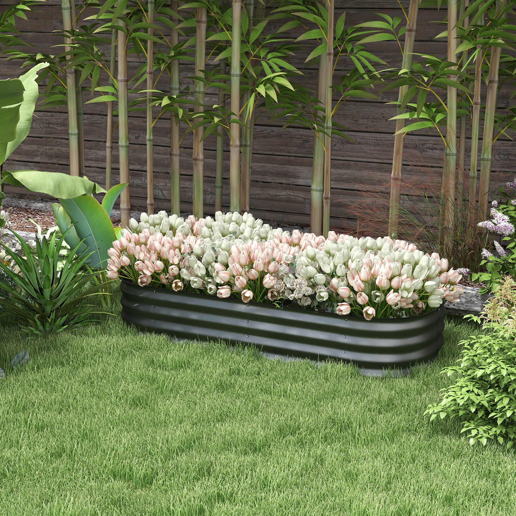 Outsunny Galvanised Raised Garden Bed, Metal Planter Box with Safety Edging, for Flowers, Herbs, Succulents, Dark Grey 