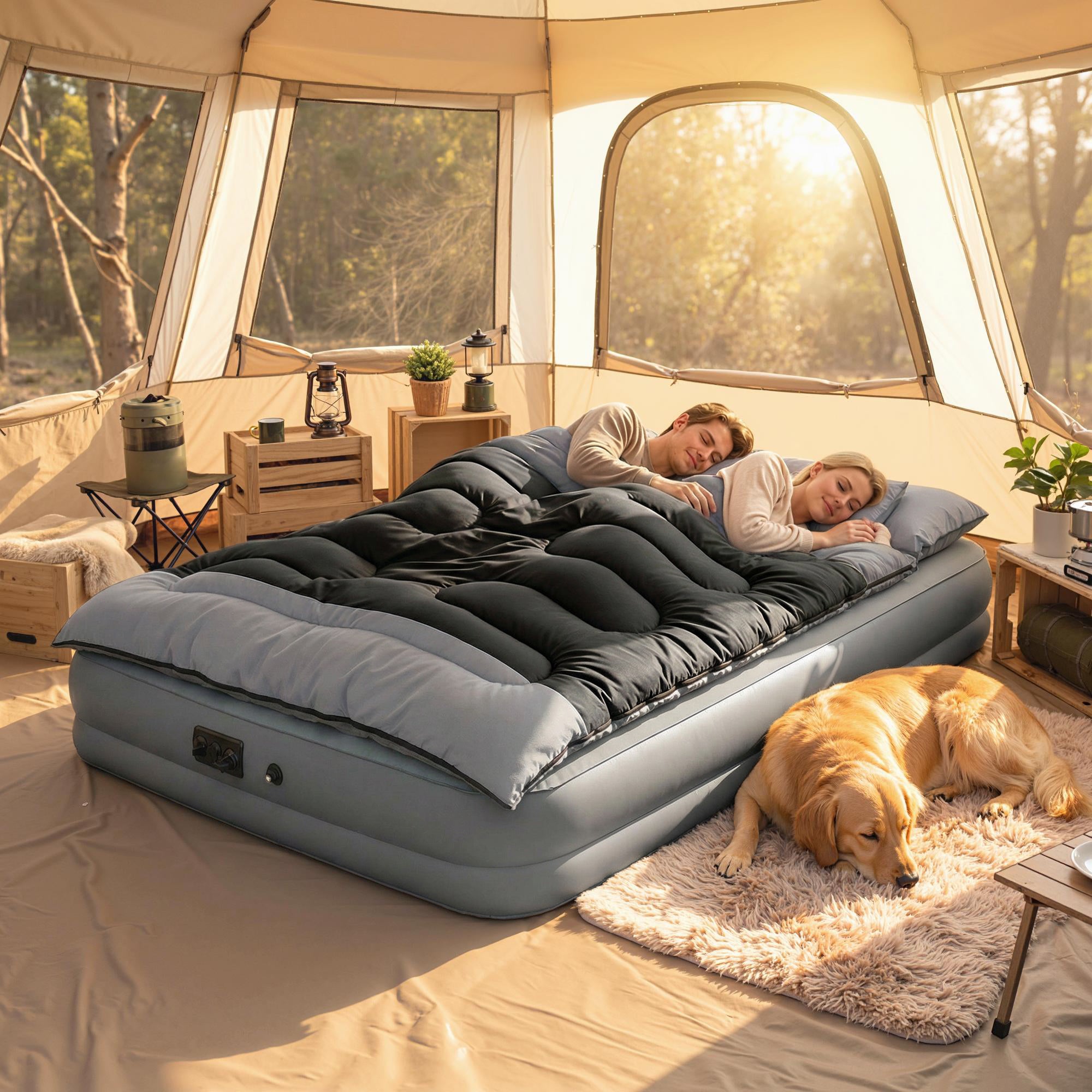 Outsunny Double Sleeping Bag with 2 Pillows, 220 x 160 cm Extra-Large Sleeping Bag for Adults, Black and Grey 