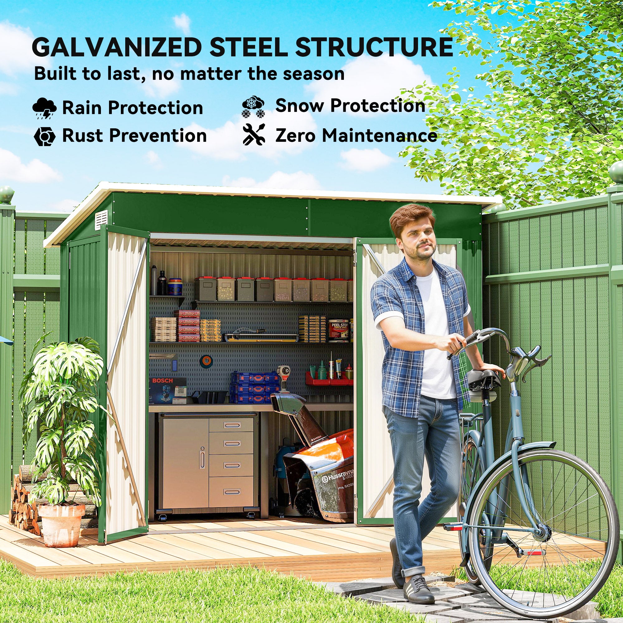 Outsunny 7.5 x 4.3ft Metal Garden Storage Shed, Waterproof Outdoor Shed with Triple Lockable Door, Gloves, Vents, Green 