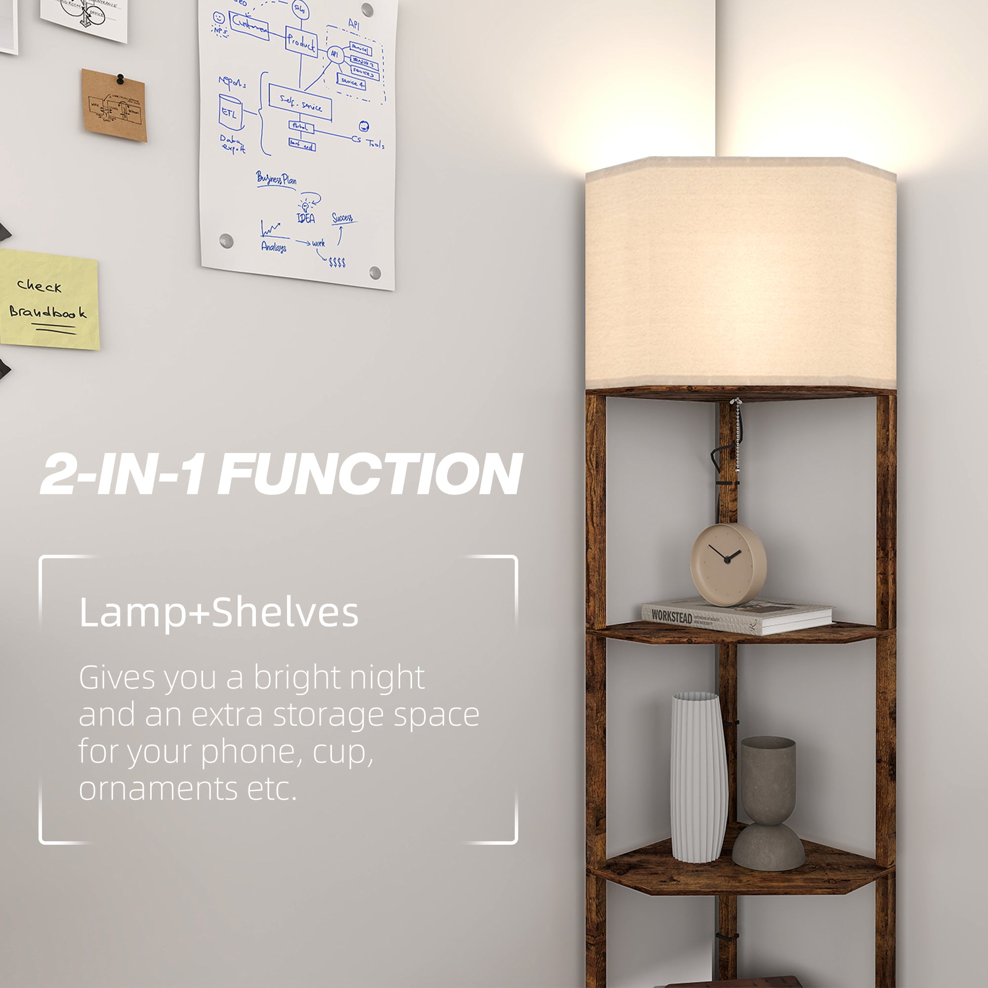 HOMCOM Corner Floor Light, with Shelves - Wood-Effect 