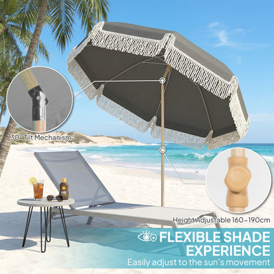 Outsunny 1.7 m Beach Umbrella with Sand Anchor, 30° Tilting Fringed Beach Garden Parasol with Adjustable Height, Grey 