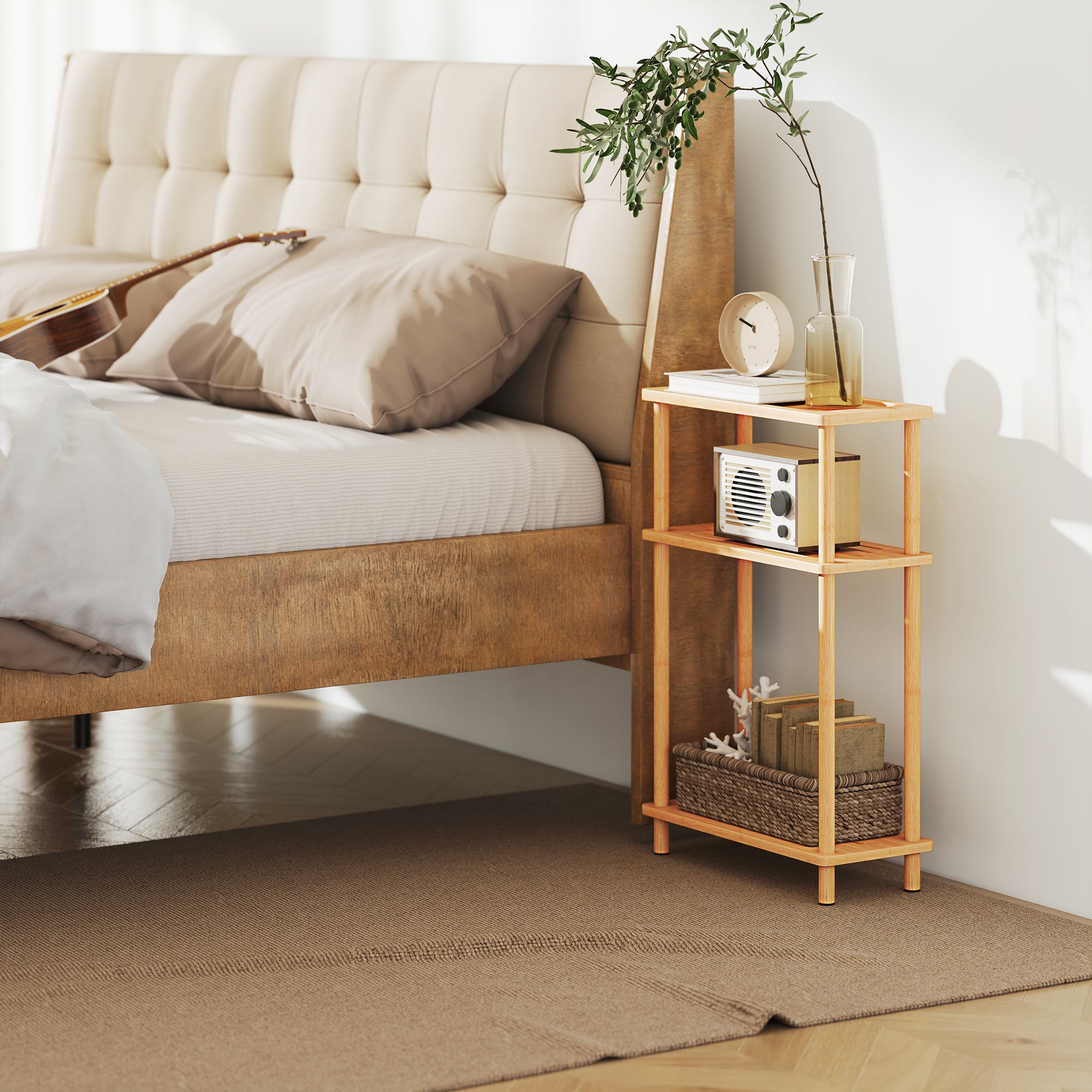 HOMCOM Bamboo Side Table, 3-Tier Slim End Table, Nordic Style, for Living Room, Bedroom, Office, Tool-Free Assembly, Natural Wood Finish 