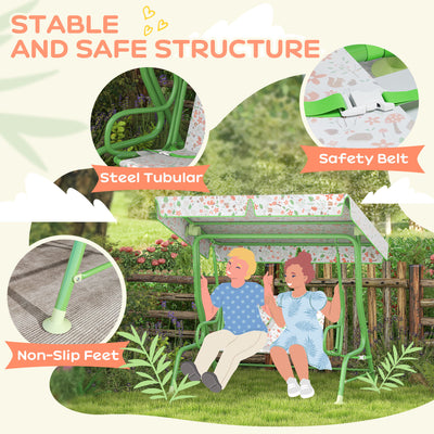 AIYAPLAY Kids Garden Swing Chair with Adjustable Canopy, Safety Belt, 2 Seater Hammock Swing Bench for Patio, Porch, Green 