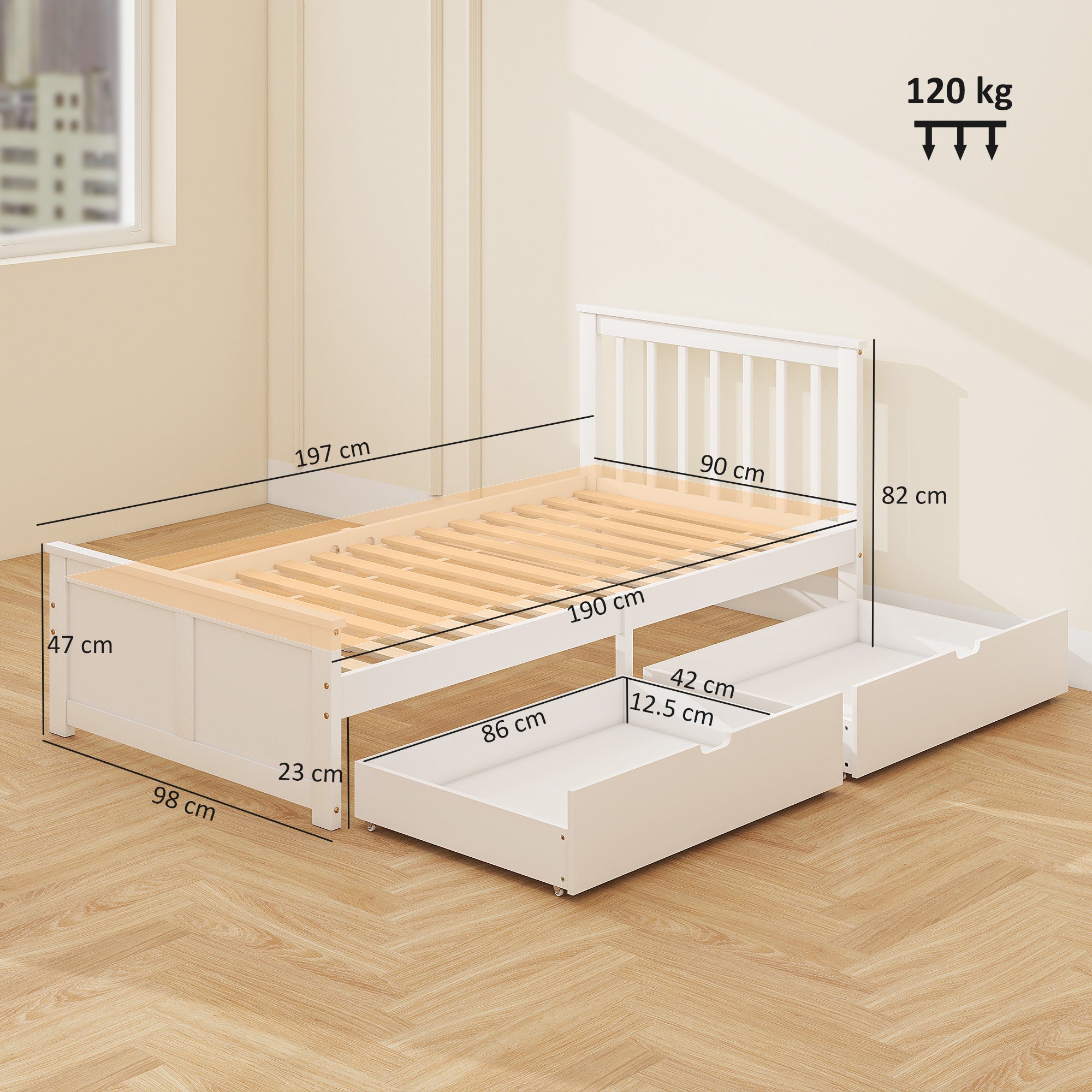 HOMCOM Wooden Single Bed Frame, with Drawers - White 