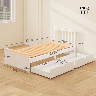 HOMCOM Wooden Single Bed Frame, with Drawers - White 