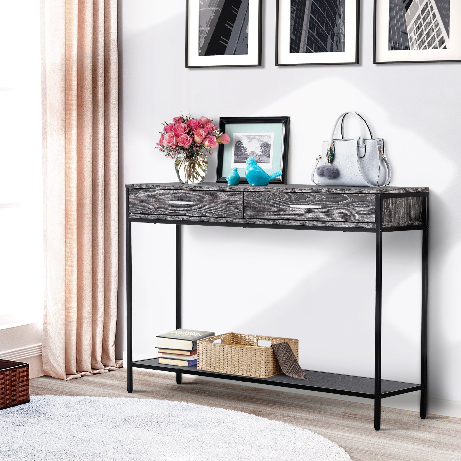 HOMCOM Console Table Worktop Bottom Shelf Home Two Drawer Industrial Minimal Style Grey Wood Tone Effect 