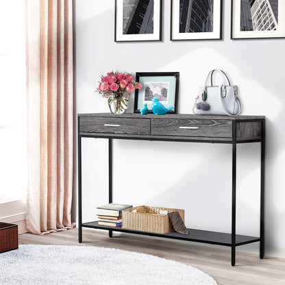 HOMCOM Console Table Worktop Bottom Shelf Home Two Drawer Industrial Minimal Style Grey Wood Tone Effect 