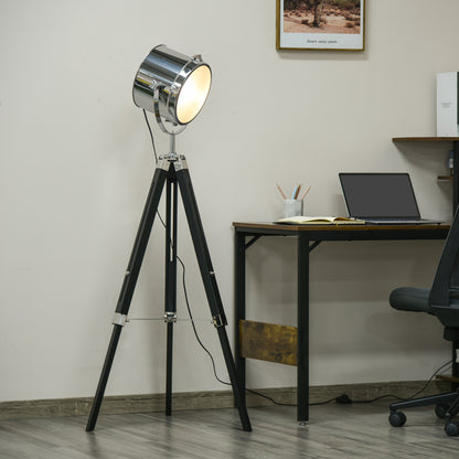 HOMCOM Industrial Style Adjustable Tripod Floor Lamp, Searchlight Lamp with Wooden Legs and Steel Lampshade, 110-155cm, Black 