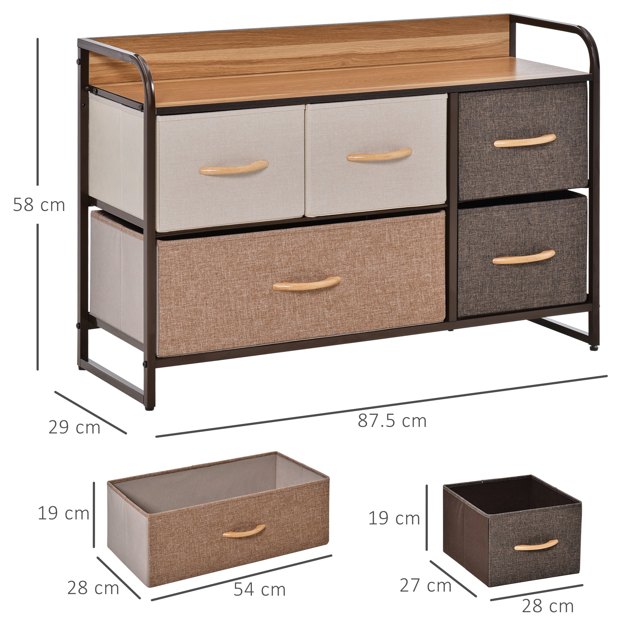 HOMCOM 5-Drawer Dresser, Linen Fabric Chest of Drawers, Dresser Tower Unit for Bedroom Hallway Entryway, Storage Organizer with Steel Frame Wooden Top 