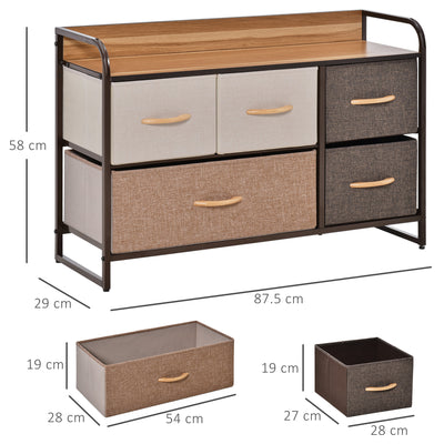 HOMCOM 5-Drawer Dresser, Linen Fabric Chest of Drawers, Dresser Tower Unit for Bedroom Hallway Entryway, Storage Organizer with Steel Frame Wooden Top 