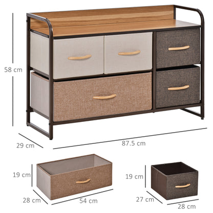 HOMCOM 5-Drawer Dresser, Linen Fabric Chest of Drawers, Dresser Tower Unit for Bedroom Hallway Entryway, Storage Organizer with Steel Frame Wooden Top 