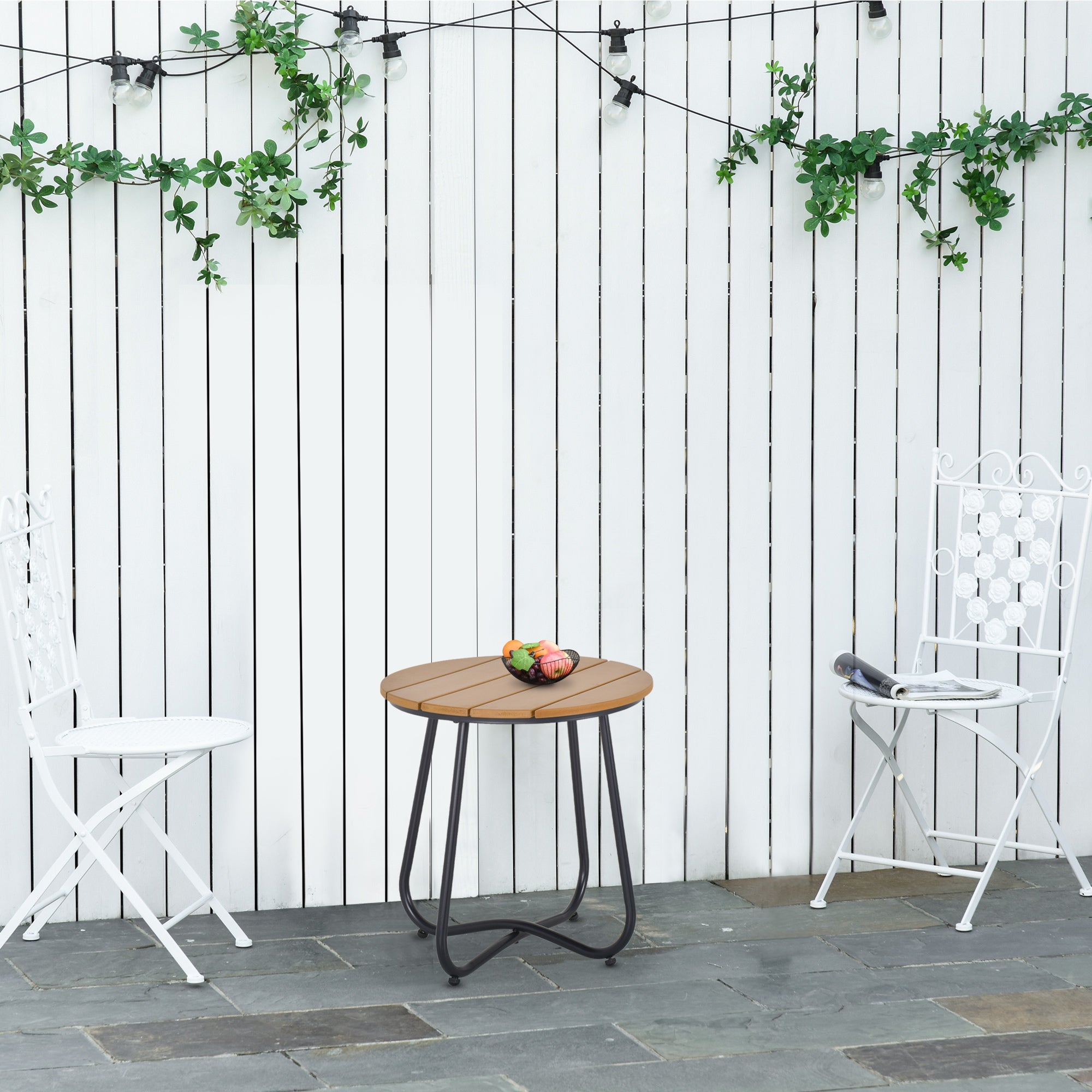 Outsunny Round Outdoor Side Table Adjustable Leg Pads Garden Table 49 x 49 x 48 cm Natural Wood & Black 