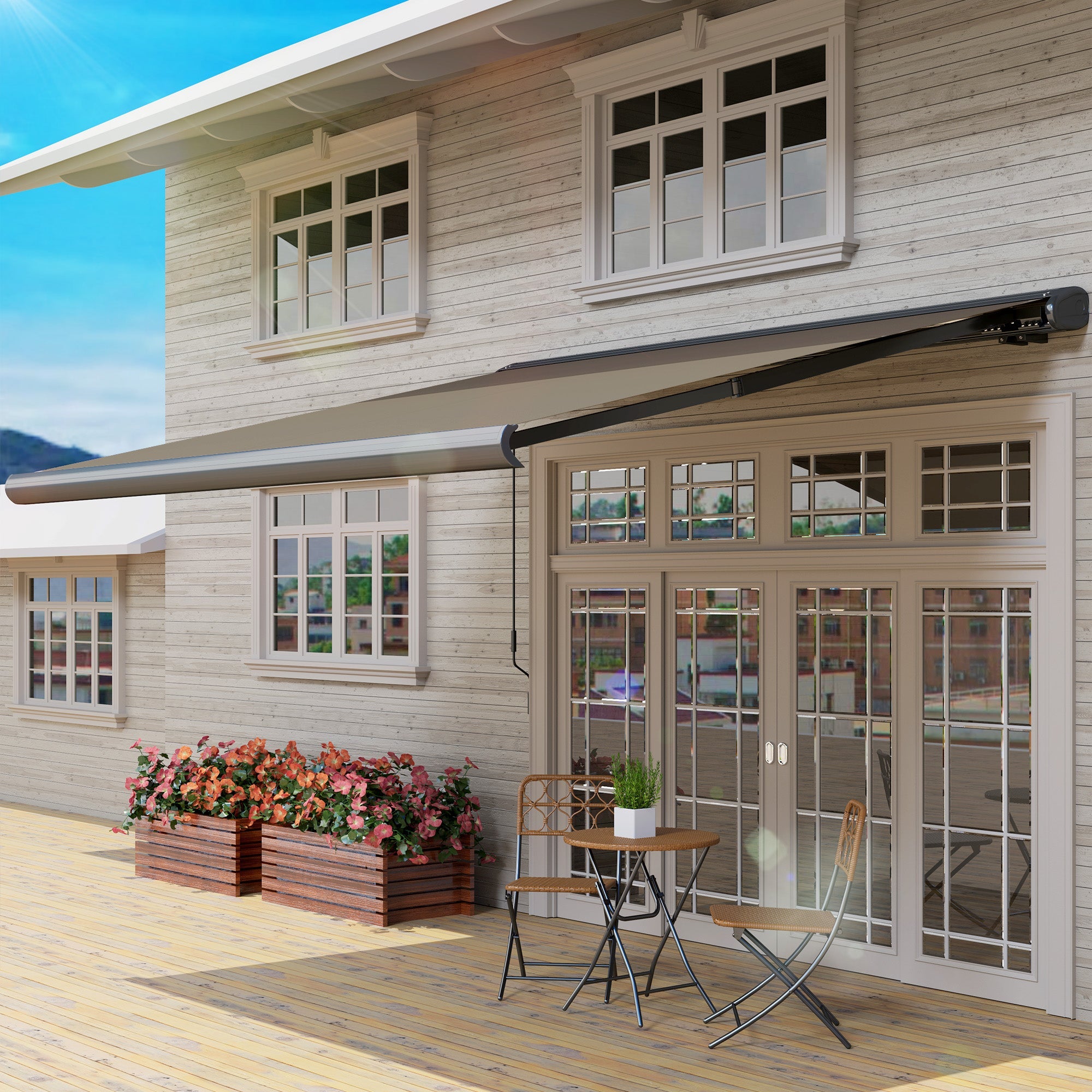 Outsunny 3.5 x 3 m Electric Awning with Remote Controller, Aluminium Frame DIY Retractable Awning, UV50+ Sun Shade Canopy for Garden Patio Deck Door Window, Light Grey 