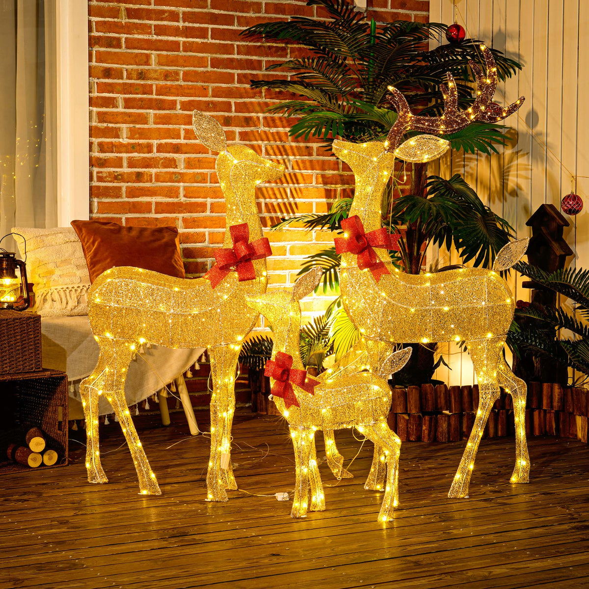 Outsunny Lighted Reindeer Christmas Decorations Outdoor, 3-Piece Light Up Deer Family Set of 3 with 283 LED Lights for Indoor, Lawn, Garden, Gold Tone 