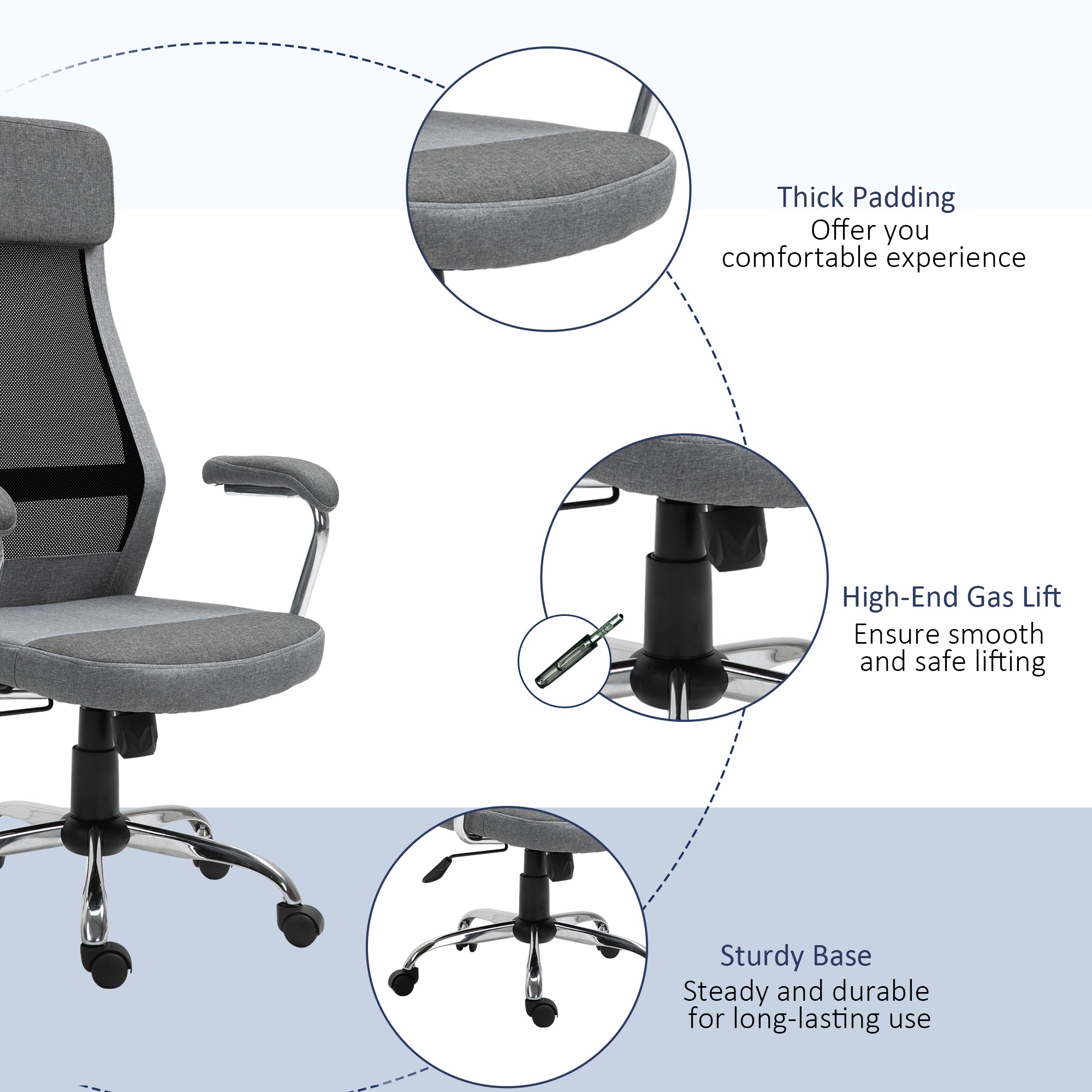 Vinsetto Office Chair, Ergonomic Desk Chair, High Back Computer Chair with Adjustable Height, Swivel Rolling Wheels, Mesh Back and Linen-Feel Fabric Seat for Home and Study, Grey 
