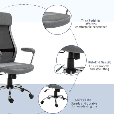 Vinsetto Office Chair, Ergonomic Desk Chair, High Back Computer Chair with Adjustable Height, Swivel Rolling Wheels, Mesh Back and Linen-Feel Fabric Seat for Home and Study, Grey 