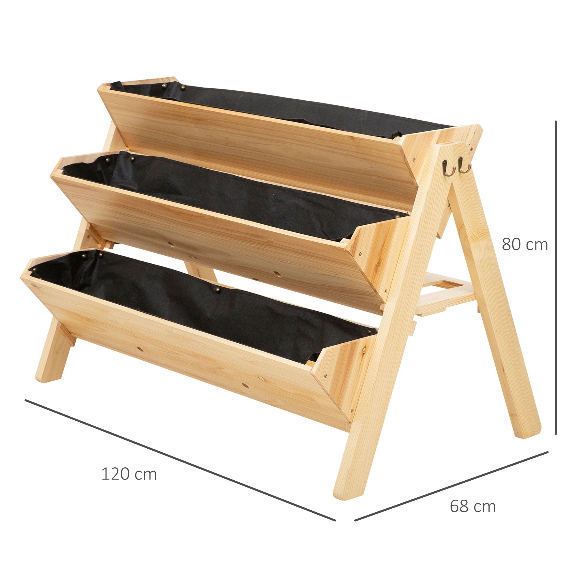Outsunny 3 Tier Raised Beds for Garden, Wooden Planter Boxes with Clapboard and Hooks, 142L, 120 x 68 x 80cm 