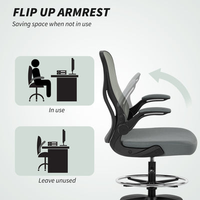 Vinsetto Drafting Chair, Ergonomic Tall Office Chair with Flip-up Armrests, Mesh Back, Lumbar Support, Adjustable Height and Foot Ring, Swivel Wheels, for Standing Desk, Charcoal Grey 