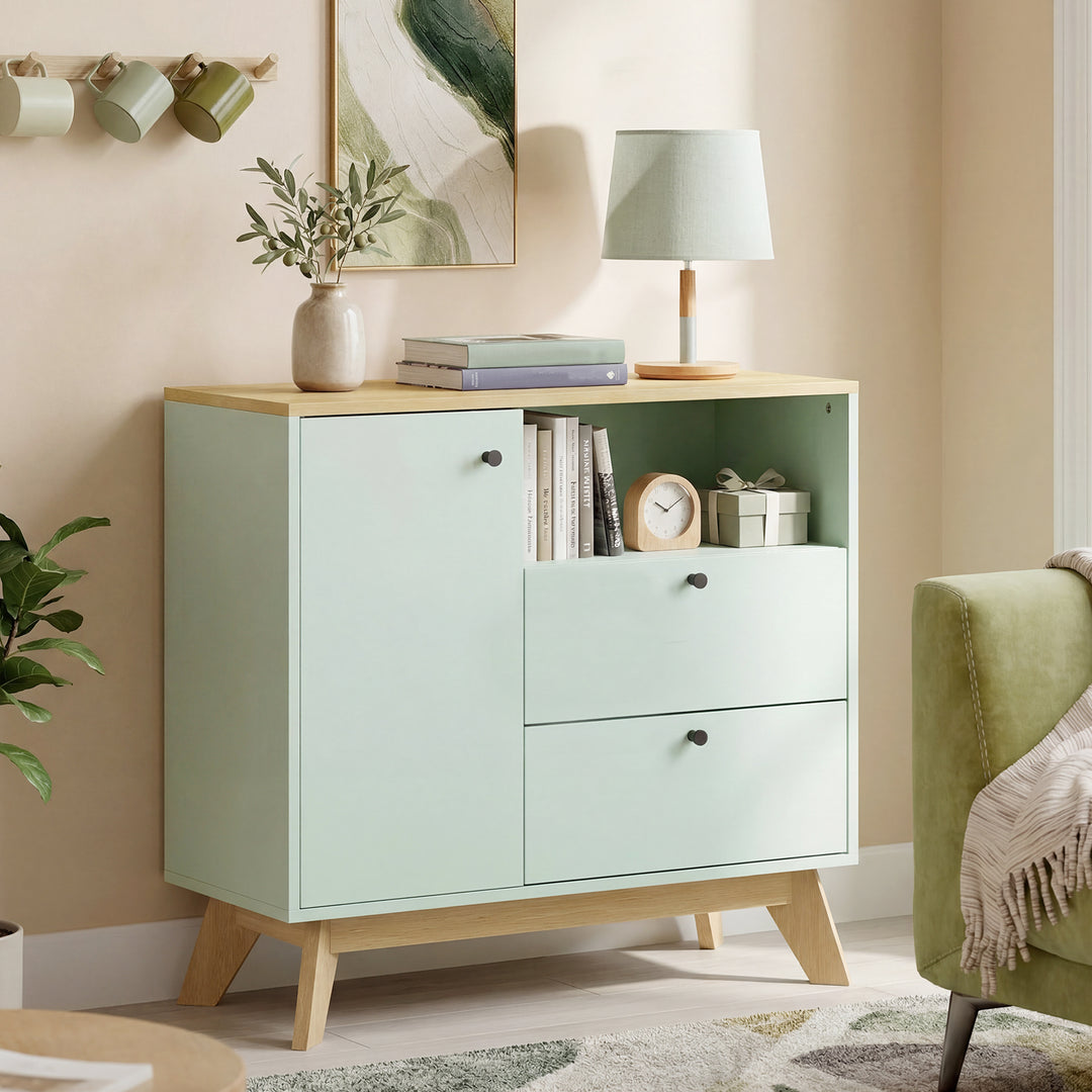 HOMCOM Sideboard Storage Cabinet, 80 cm Buffet Cabinet with 2 Drawers, Open Compartment, Adjustable Shelf, Light Green and Oak 
