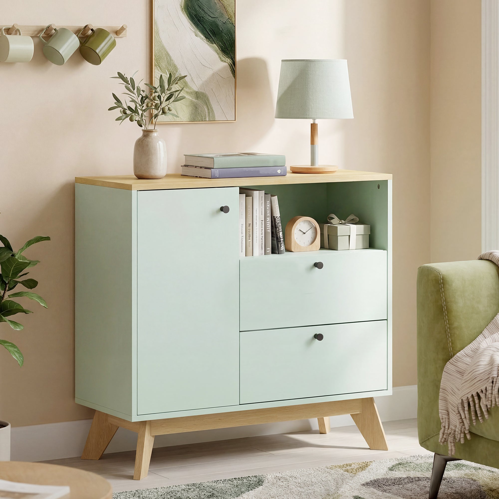 HOMCOM Sideboard Storage Cabinet, 80 cm Buffet Cabinet with 2 Drawers, Open Compartment, Adjustable Shelf, Light Green and Oak 