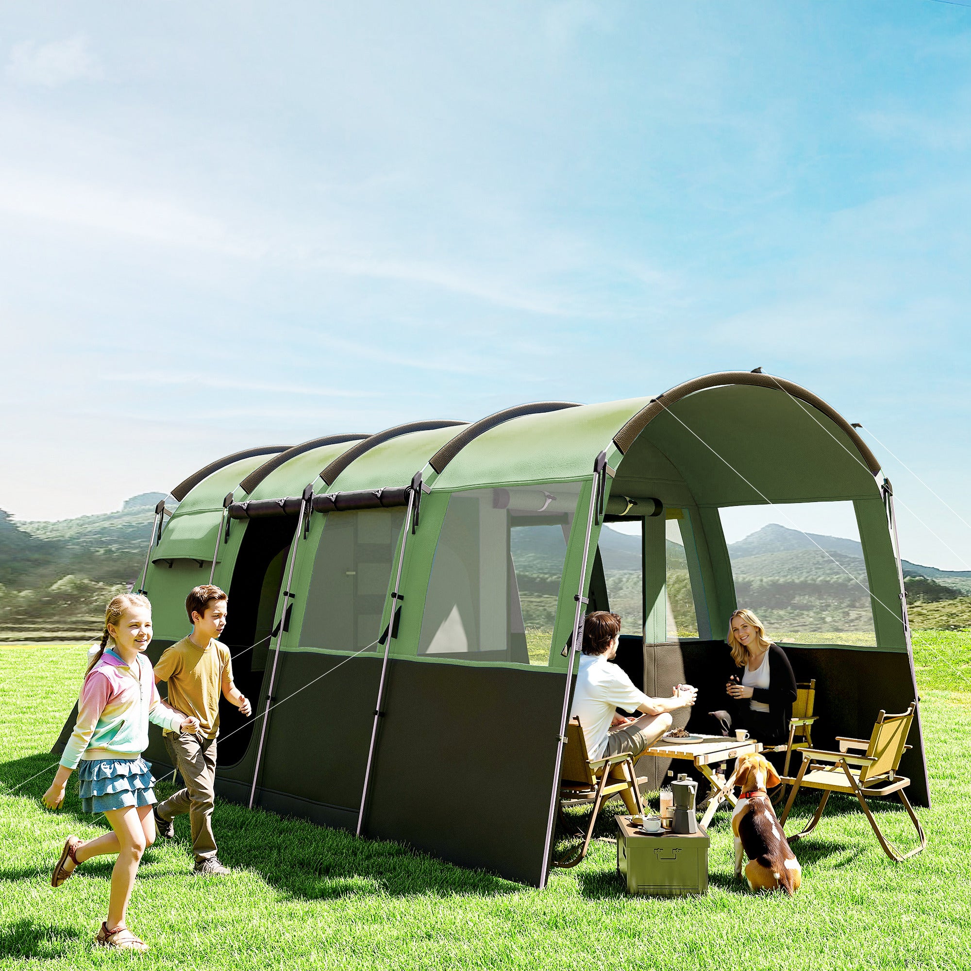 Outsunny 8-Person Camping Tent, Waterproof Family Tent, Tunnel Design, 4 Large Windows, Sleeping Cabins 3000mm Water Column Green