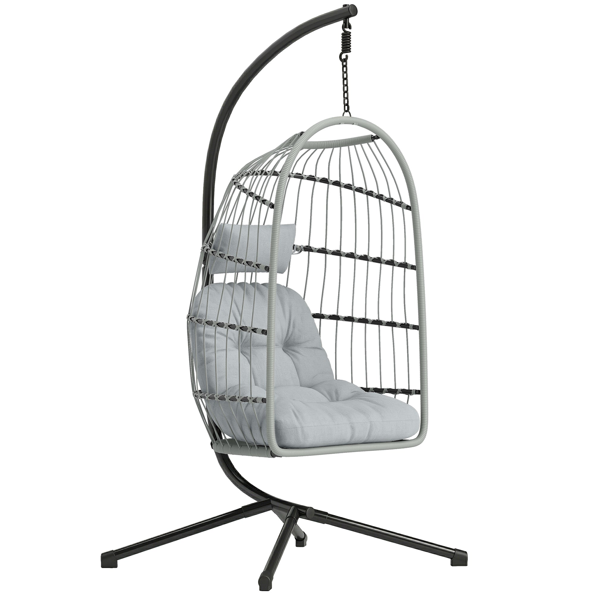 Outsunny Hanging Egg Chair, Indoor Outdoor Hammock Swing Chair with Stand, Safety Strap, Foldable Basket, Light Grey 