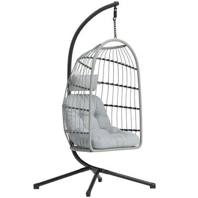 Outsunny Hanging Egg Chair, Indoor Outdoor Hammock Swing Chair with Stand, Safety Strap, Foldable Basket, Light Grey 