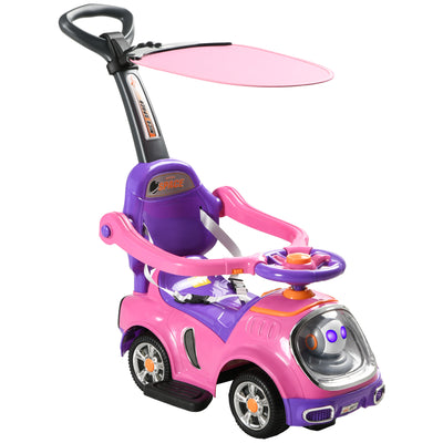 AIYAPLAY 3 in 1 Ride on Push Car, Cartoon Robot Theme Foot to Floor Slider w/ Handle Light Music Horn, Storage - Pink 