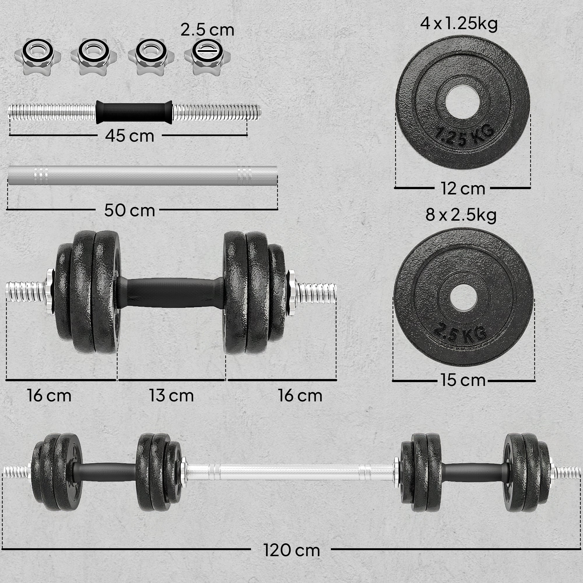 SPORTNOW 2-in-1 Adjustable Dumbbells Set, 30kg Cast Iron Weights Dumbbells Set with Non-Slip Grip for Strength Training, Weight Lifting, Bodybuilding, Home Gym Workout Equipment for Men & Women 