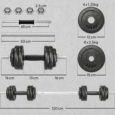 SPORTNOW 2-in-1 Adjustable Dumbbells Set, 30kg Cast Iron Weights Dumbbells Set with Non-Slip Grip for Strength Training, Weight Lifting, Bodybuilding, Home Gym Workout Equipment for Men & Women 
