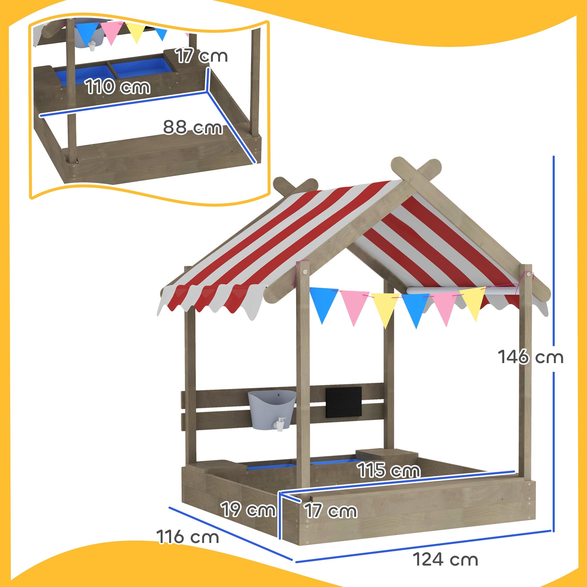 Outsunny House-Designed Wooden Sandbox, Outdoor Sandpit, with Blackboard, Toys, Sink, Seats, Flags, for Ages 3-7 Years - Grey 