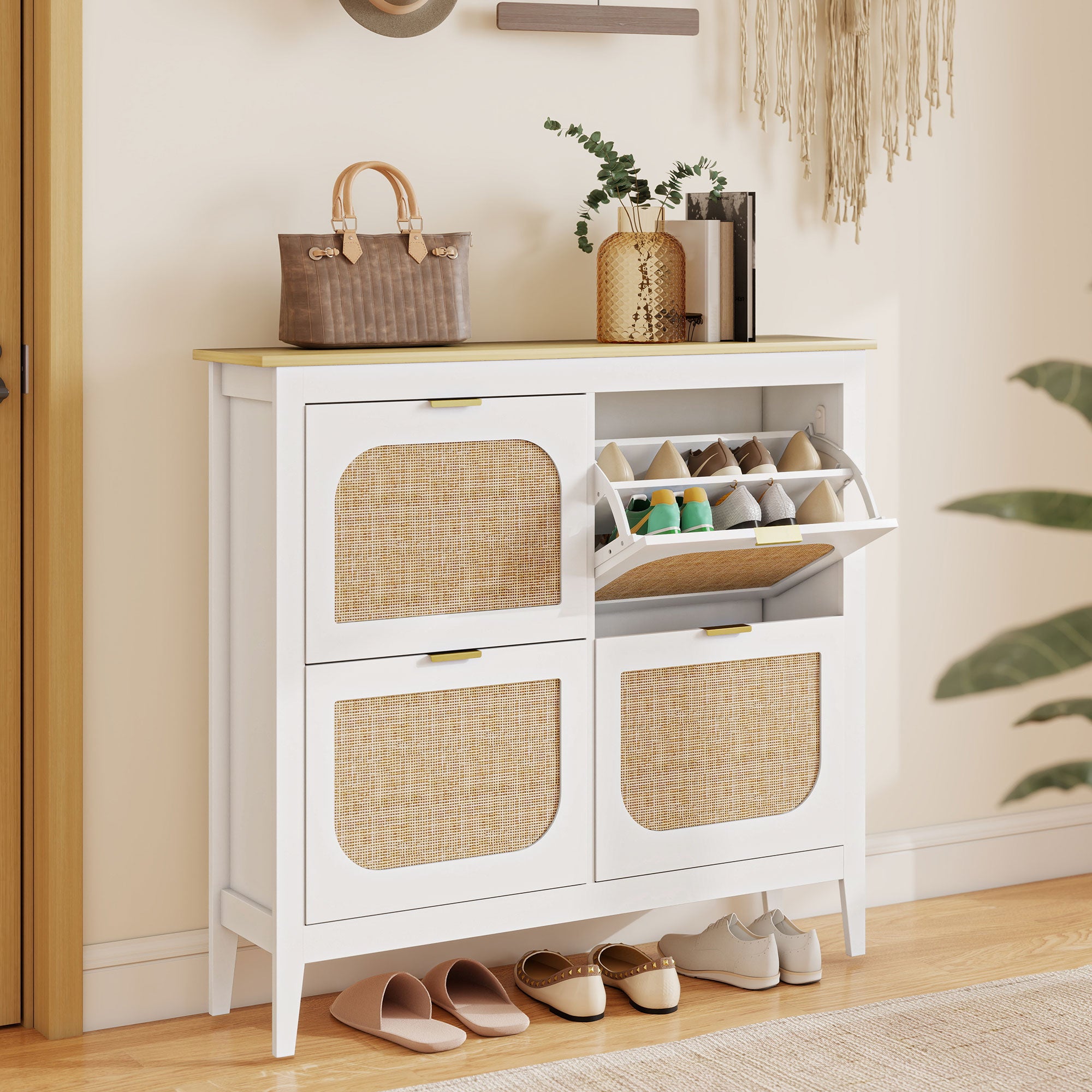 HOMCOM Narrow Shoe Cabinet, Boho Slim Shoe Storage Cabinet with 4 Flip Drawers, Holds 20 Pairs, White 