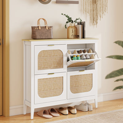 HOMCOM Narrow Shoe Cabinet, Boho Slim Shoe Storage Cabinet with 4 Flip Drawers, Holds 20 Pairs, White 