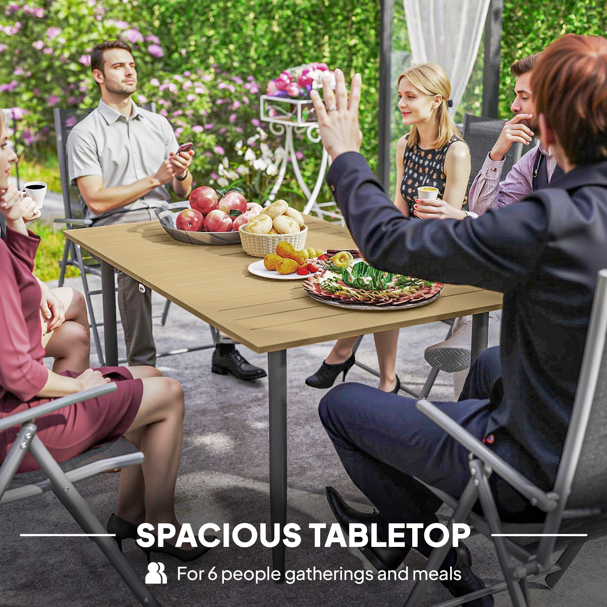 Outsunny Garden Dining Table for 6 Person, Rectangle Outdoor Coffee Table with 5 cm Parasol Hole, Slatted Tabletop and Steel Frame for Patio Balcony, Brown 