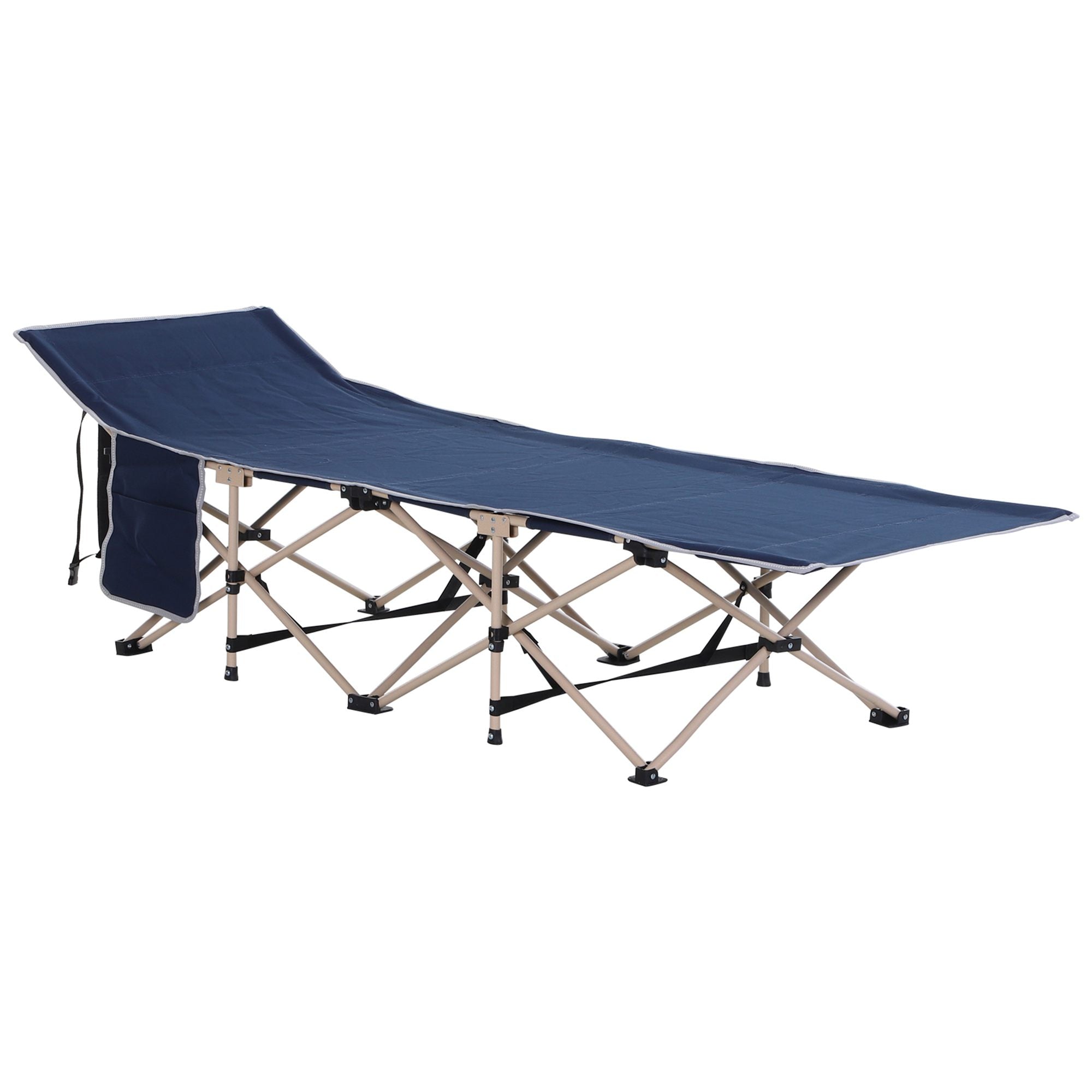 Outsunny Single Person Camping Bed Folding Cot Outdoor Patio Portable Military Sleeping Bed Travel Guest Leisure Fishing with Side Pocket and Carry Bag - Blue 