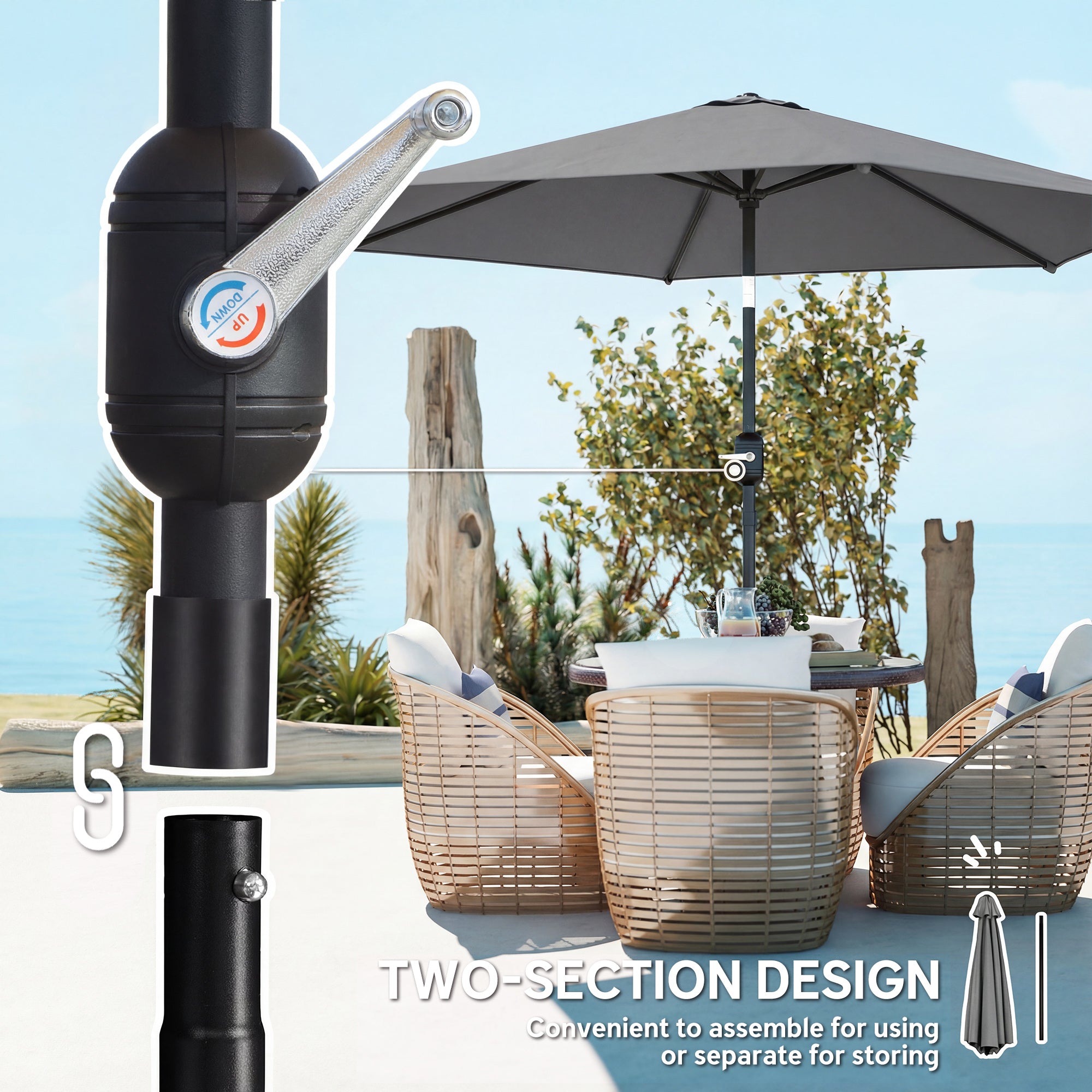 Outsunny 2.6 m Garden Parasol Umbrella with Aluminium Pole, Outdoor Patio Umbrella with Tilt and Crank, Vent, Grey 