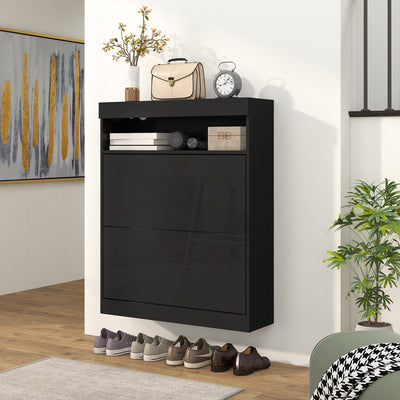 HOMCOM 16 Shoe Pair Storage Cabinet, with Flip Doors - High Gloss Black 
