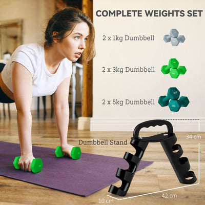 SPORTNOW Dumbbells Set with Carry Storage Rack, Set of 6 Weights for Home Gym Kettlebell Training Weight Lifting Exercise, 2 x 1kg, 2 x 3kg, 2 x 5kg 