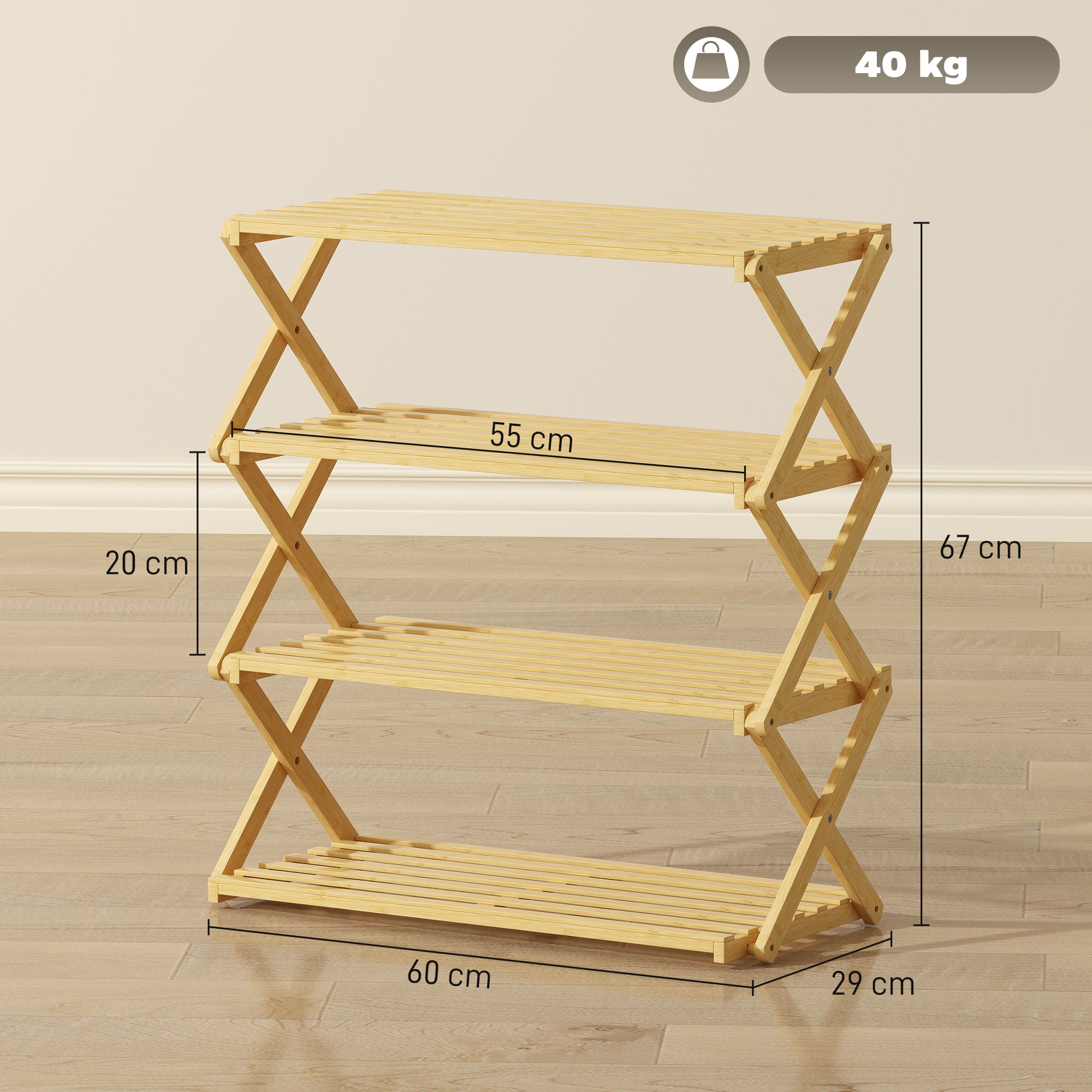 HOMCOM Four-Tier Folding Bamboo Shoe Rack - Natural Finish 