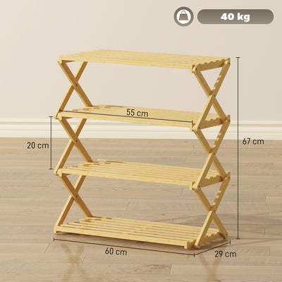 HOMCOM Four-Tier Folding Bamboo Shoe Rack - Natural Finish 